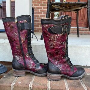 L'Artiste by Spring Step Black Red Kisha Mid Calf Lace Up Genuine Leather Boots